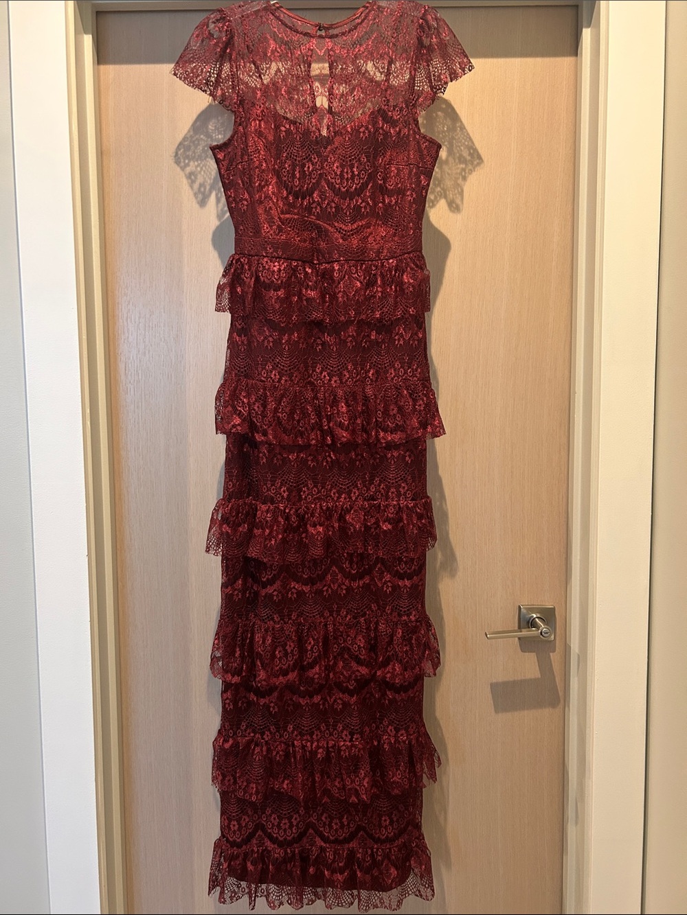 Lulu's Burgundy Lace Tiered Maxi Gown